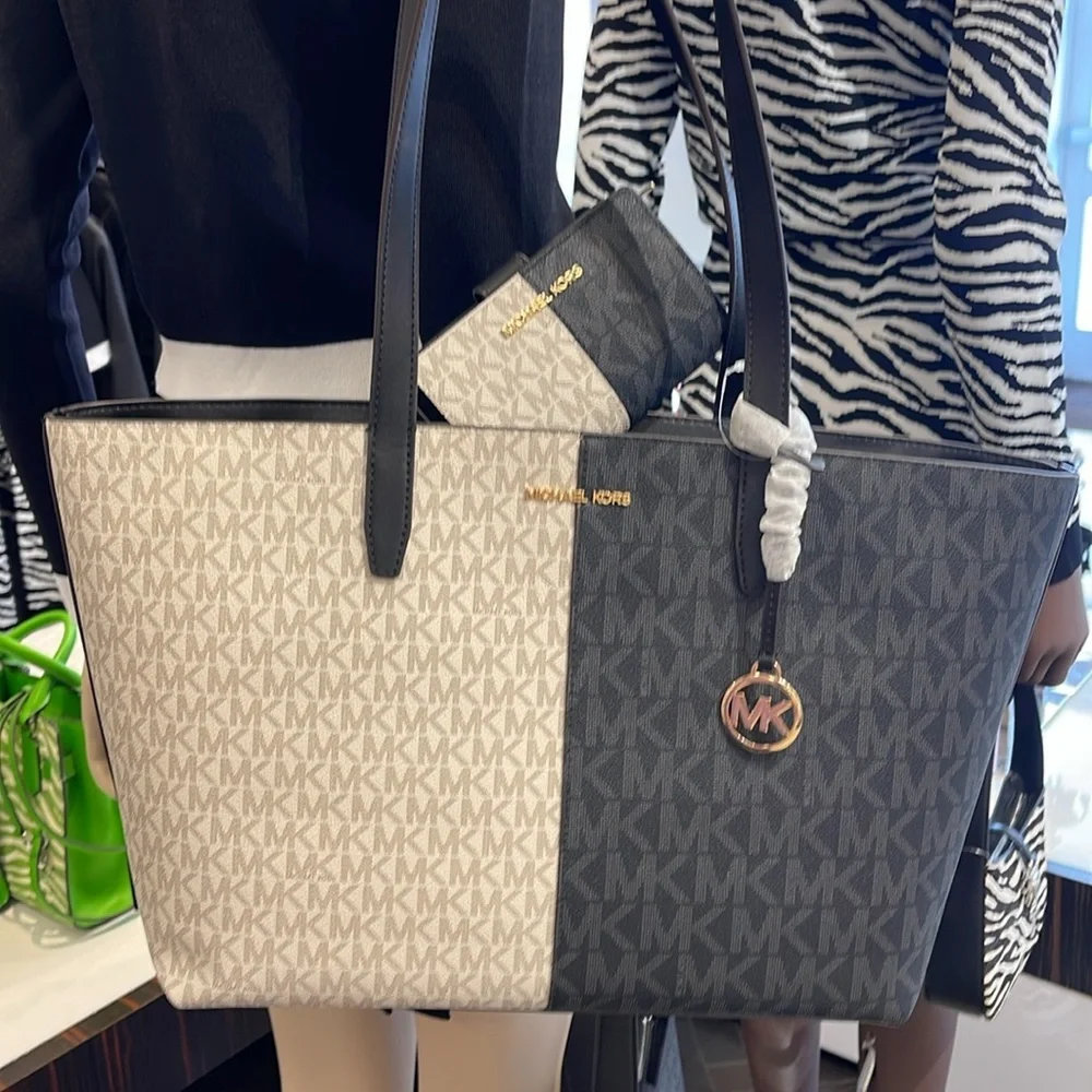 Michael Kors Jet Set Medium Two-Tone Logo Tote & Medium Two-Tone Logo Wallet NWT
